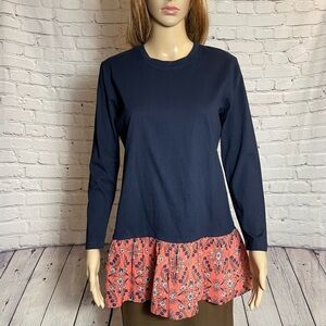 NWT New Liza Byrd Blue Cotton Floral Peplum Long Sleeve Tunic Size S